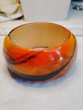 Vintage Chunky Stretch Bangle • Marbled Early Plastic/Resin • 1.75" Wide